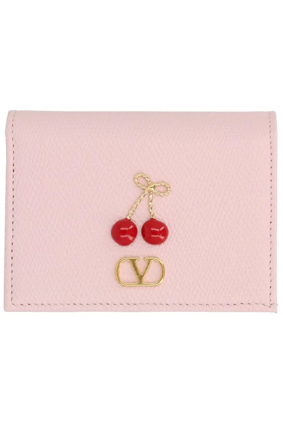Pink leather valentino women’s card case with red cherry embellishments and gold-tone logo portafoglio cherryfic con blue