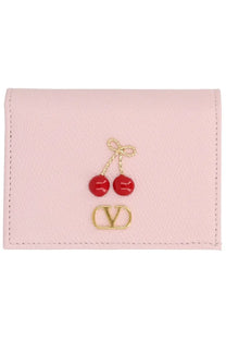 Pink leather valentino women’s card case with red cherry embellishments and gold-tone logo portafoglio cherryfic con blue