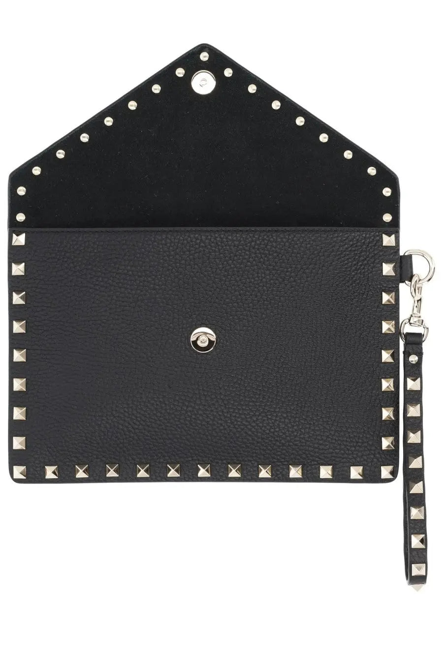 Valentino women’s pouch rockstud medium black leather clutch with silver-tone studs and matching wrist strap