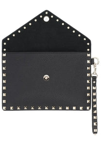 Valentino women’s pouch rockstud medium black leather clutch with silver-tone studs and matching wrist strap