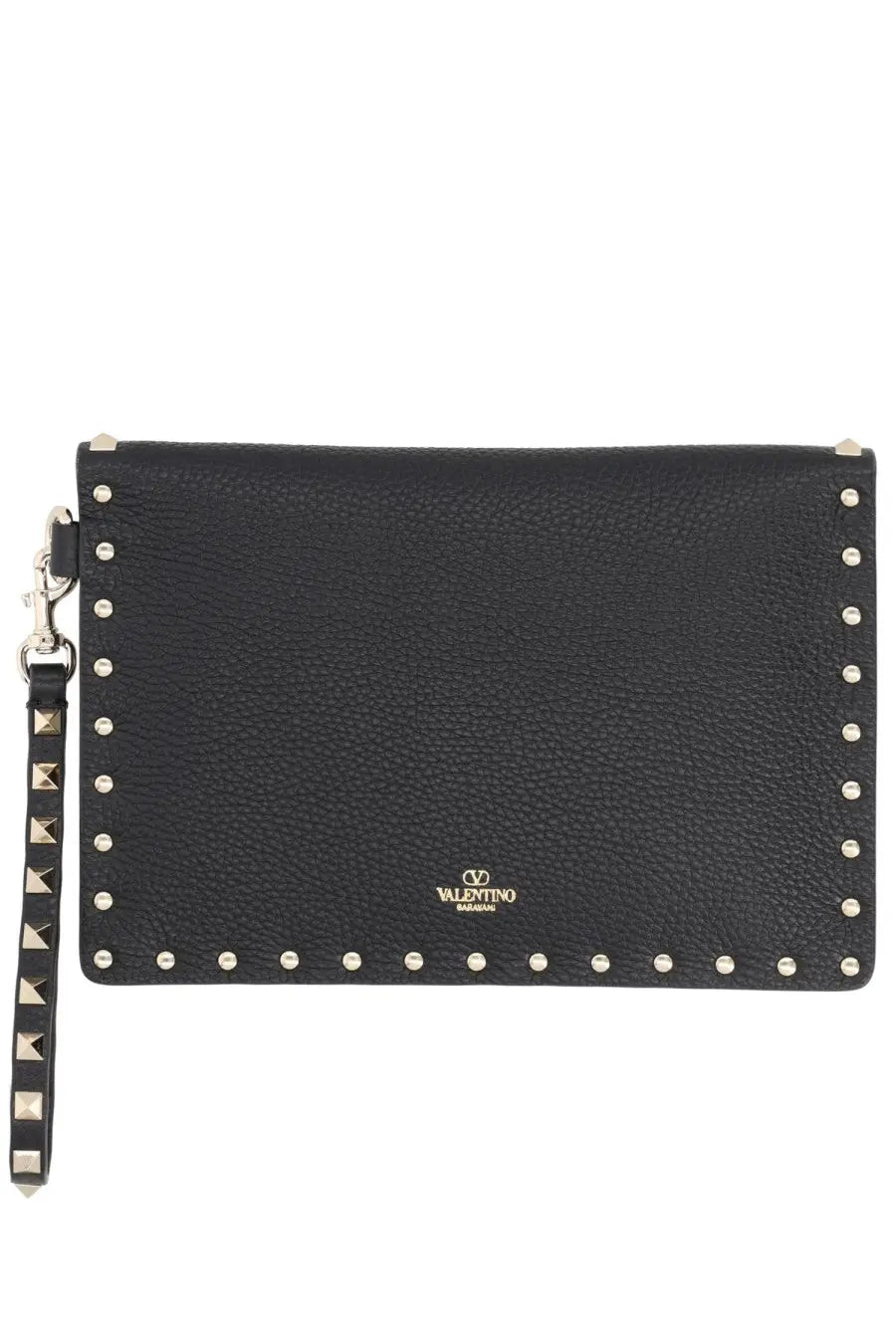 Valentino women’s pouch rockstud medium black leather clutch with silver studs and gold valentino garavani logo