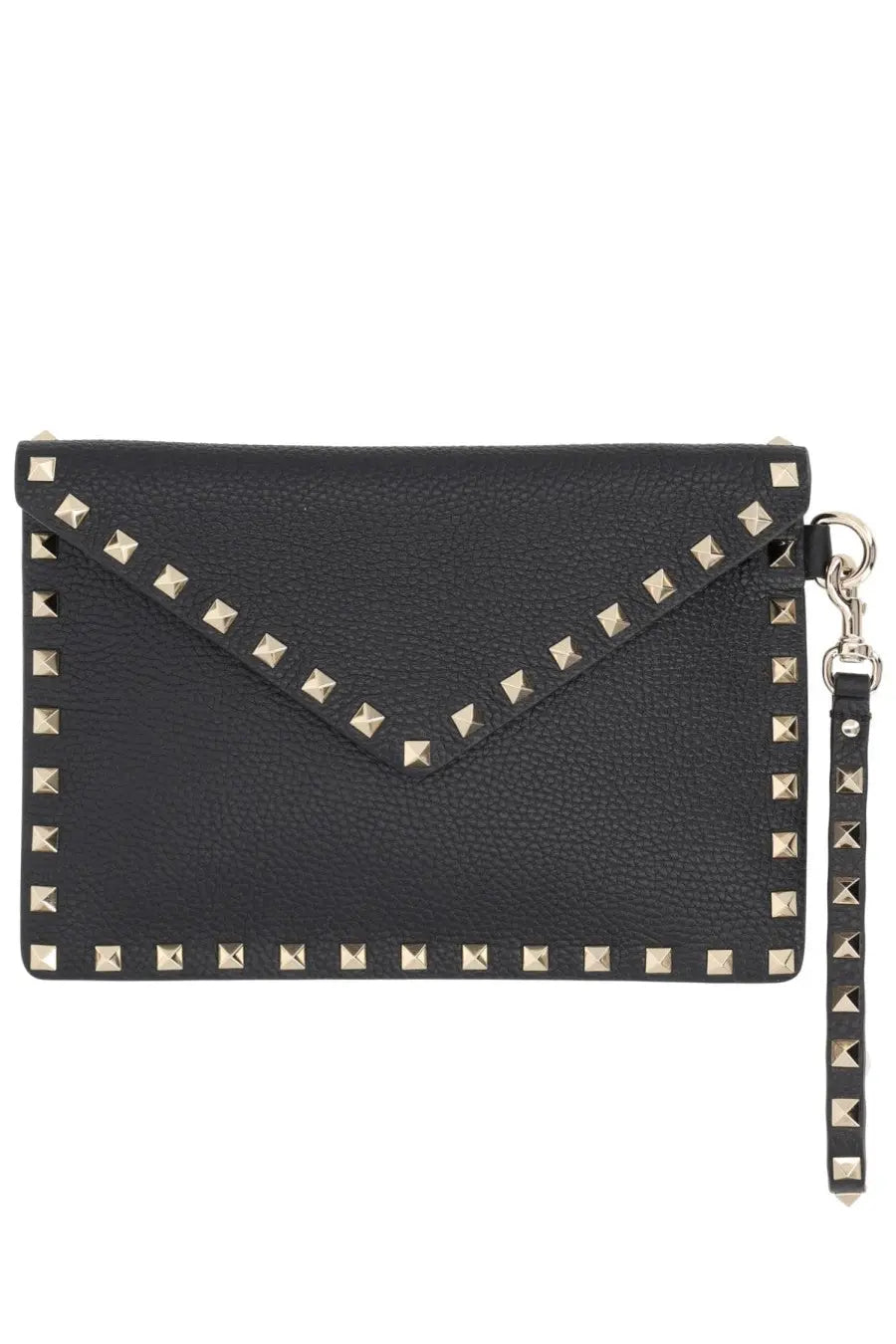 Valentino women’s pouch rockstud medium black black leather envelope clutch with gold tone studs and wrist strap