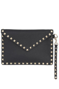 Valentino women’s pouch rockstud medium black black leather envelope clutch with gold tone studs and wrist strap