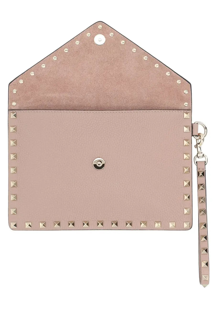 Valentino women’s leather clutch in dusty rose with gold-tone studs and matching wrist strap in medium blue pouch style