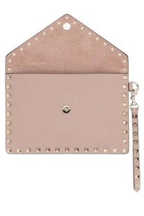 Valentino women’s leather clutch in dusty rose with gold-tone studs and matching wrist strap in medium blue pouch style