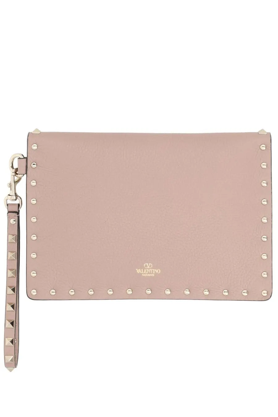 Valentino women’s pale pink leather clutch pouch with silver-toned studs and matching studded wrist strap