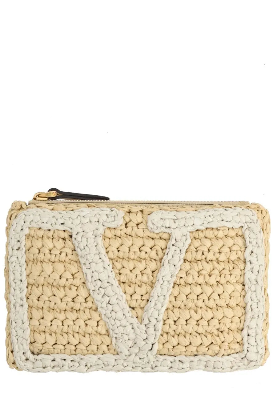 Valentino women’s pouch viva superstar in crochet beige with beige woven straw and off-white braided v logo