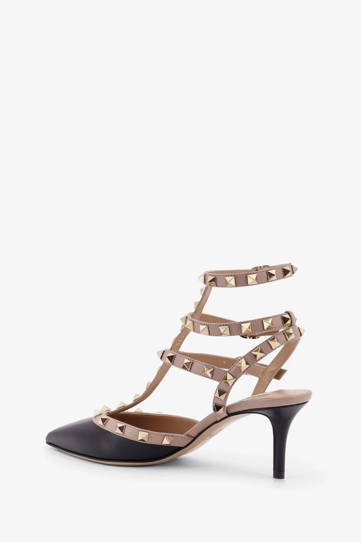 Valentino women’s black and beige leather rockstud ankle strap pump with gold-tone pyramid studs