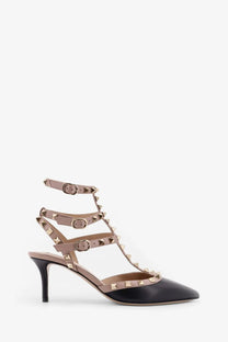 Valentino women’s rockstud black leather pointed-toe slingback heel with tan suede straps and gold pyramid studs