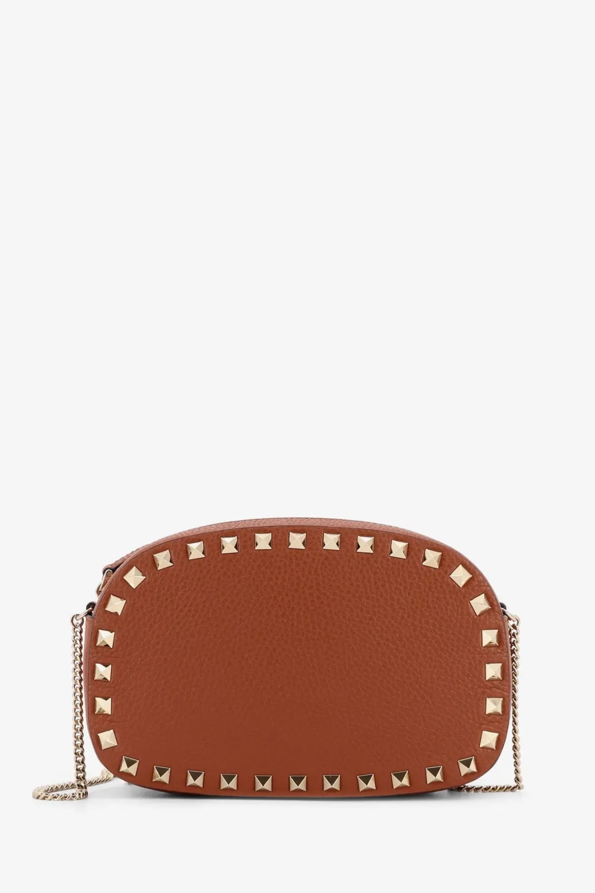 Valentino women’s rockstud tan leather crossbody bag with gold-tone square studs and chain strap