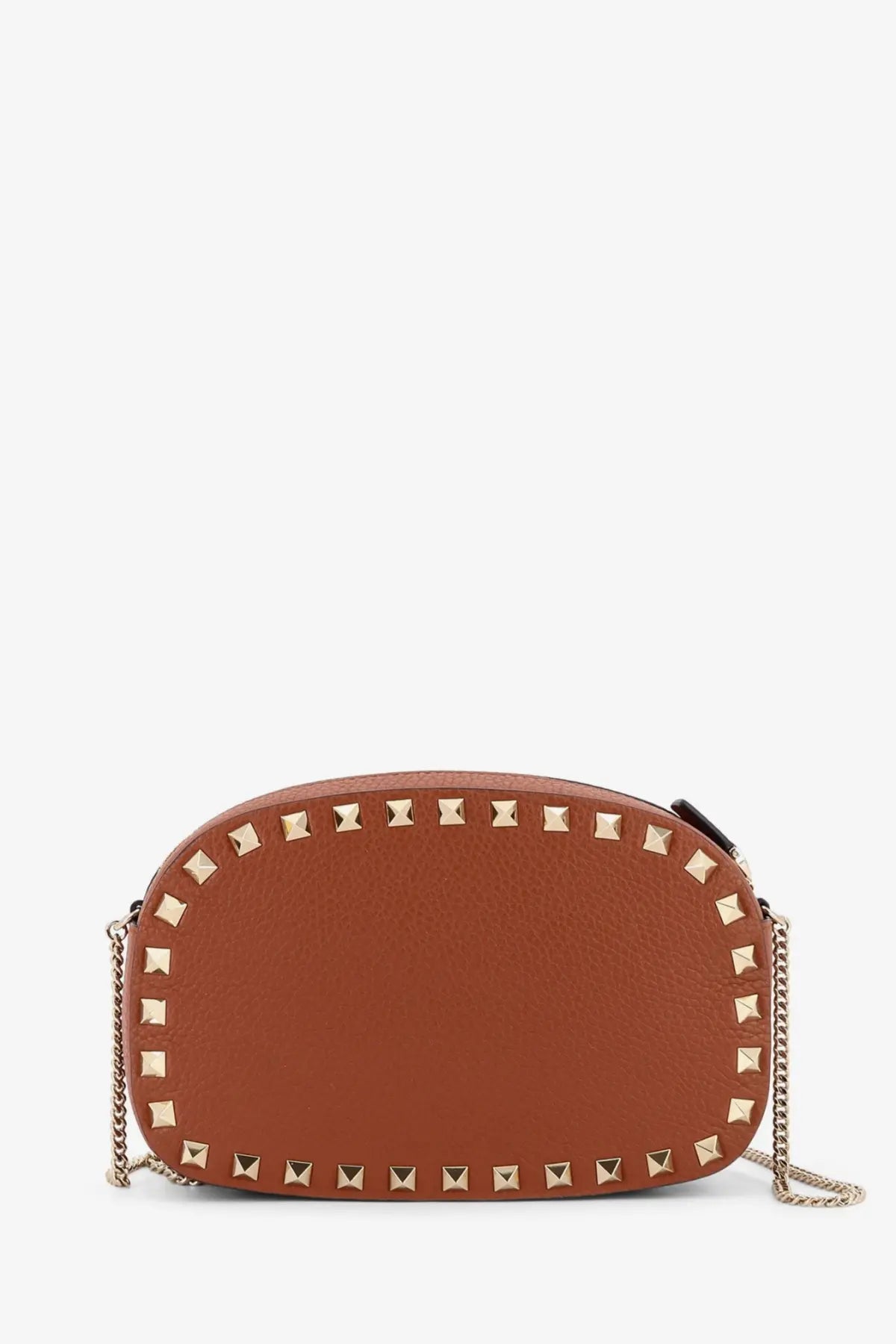 Valentino women’s rockstud tan leather crossbody bag with gold-tone studs and chain strap for shoulder wear