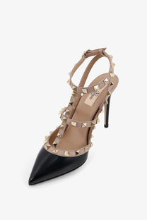 Valentino women’s rockstud patent leather pumps in black with tan suede straps gold-tone pyramid studs slingback design