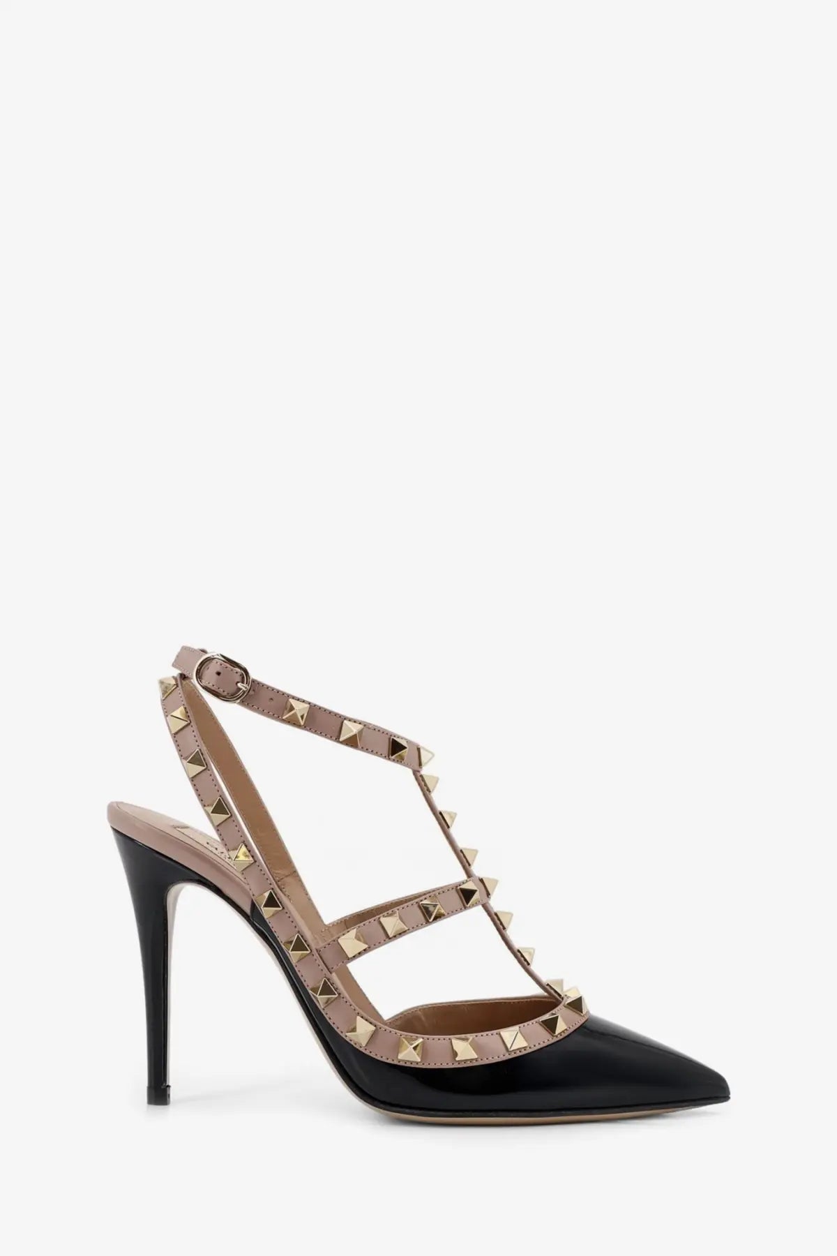 Valentino women’s rockstud patent leather pumps in black with tan suede straps and gold-tone pyramid studs