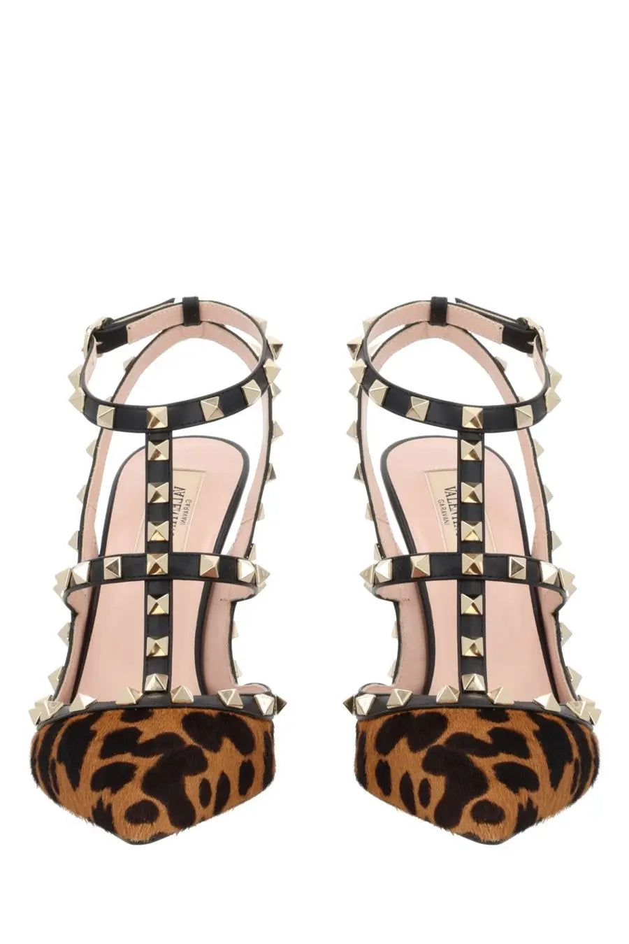 Valentino women’s rockstud pumps brown black and gold leather sandals with leopard print cowhide tips and logo insole
