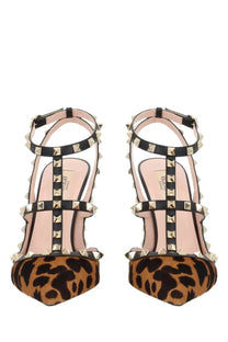 Valentino women’s rockstud pumps brown black and gold leather sandals with leopard print cowhide tips and logo insole