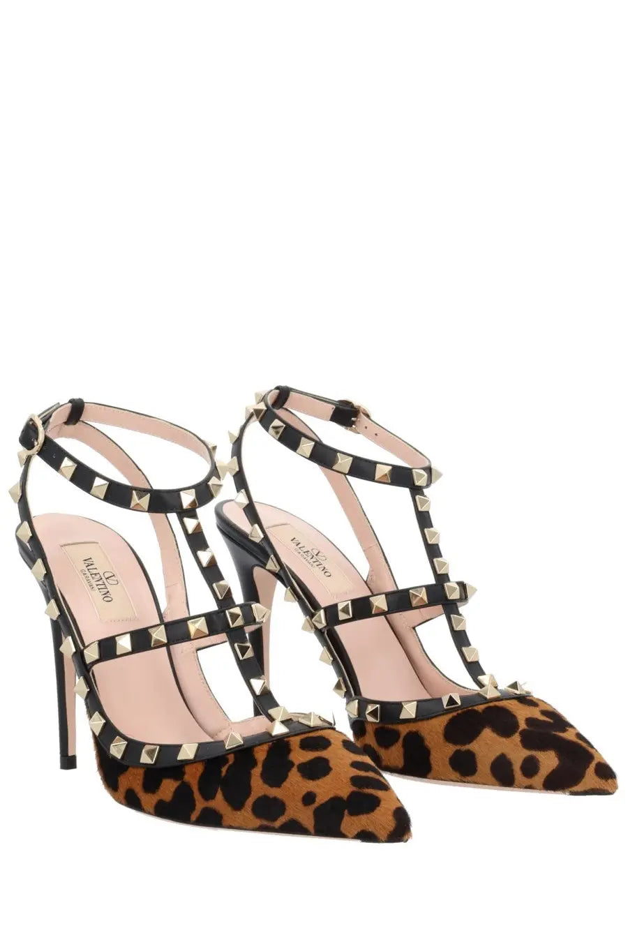 Valentino women’s brown rockstud pump with black and tan leopard print and gold-tone pyramid studs on straps