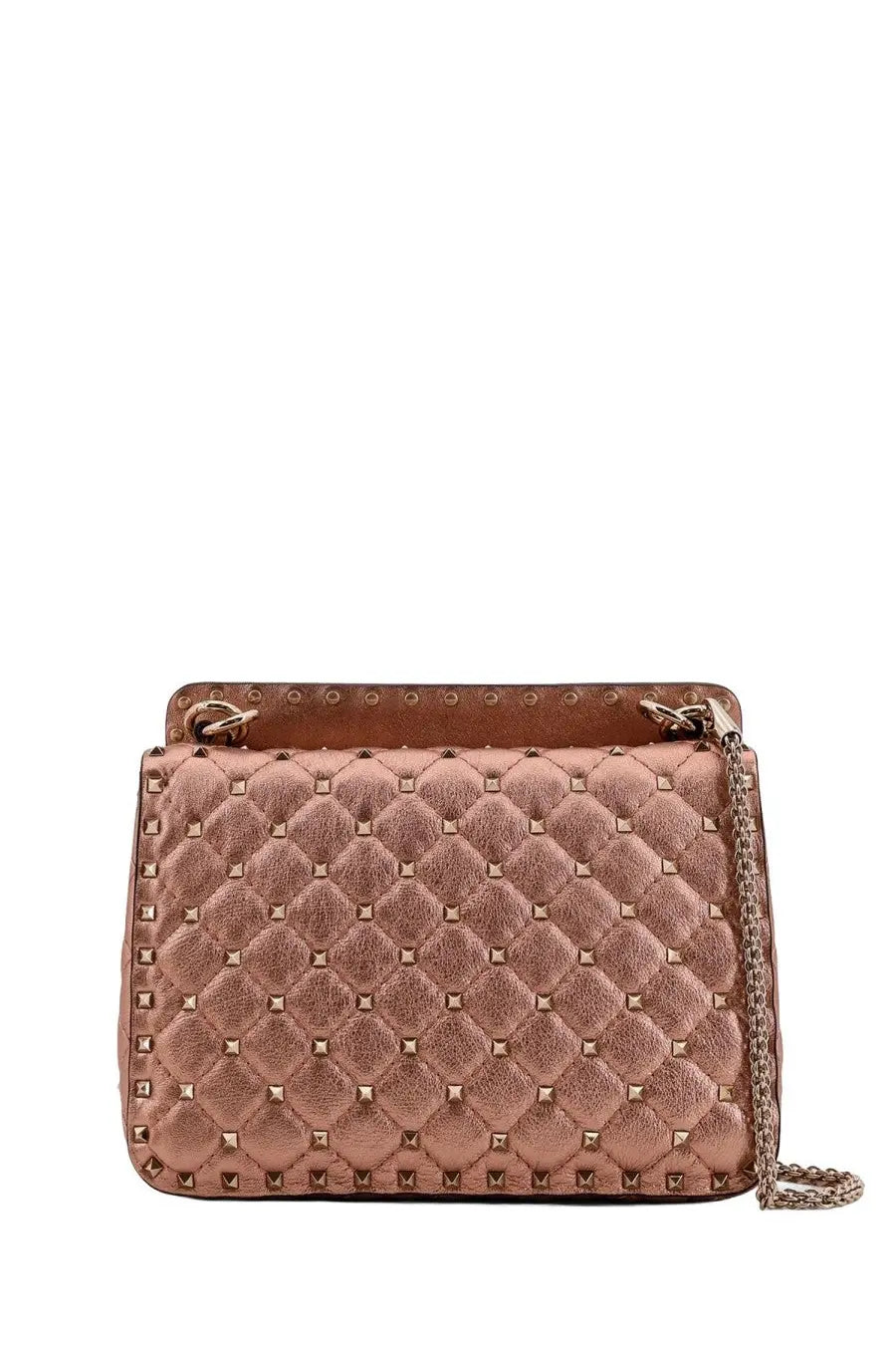 Valentino women’s rockstud spike bag in rose gold quilted leather with metallic studs and chain strap
