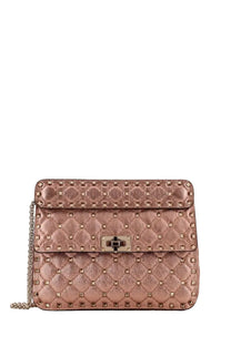 Valentino women’s rockstud spike bag blue rose gold quilted leather handbag with studded detailing and chain strap