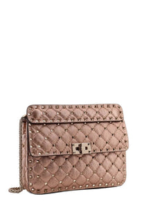 Valentino women’s rockstud spike blue bag rose gold quilted leather crossbody with silver studs and chain strap