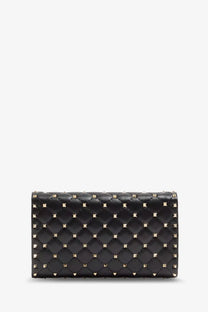 Valentino women’s rockstud spike black leather crossbody bag with gold-tone studs in a diamond pattern