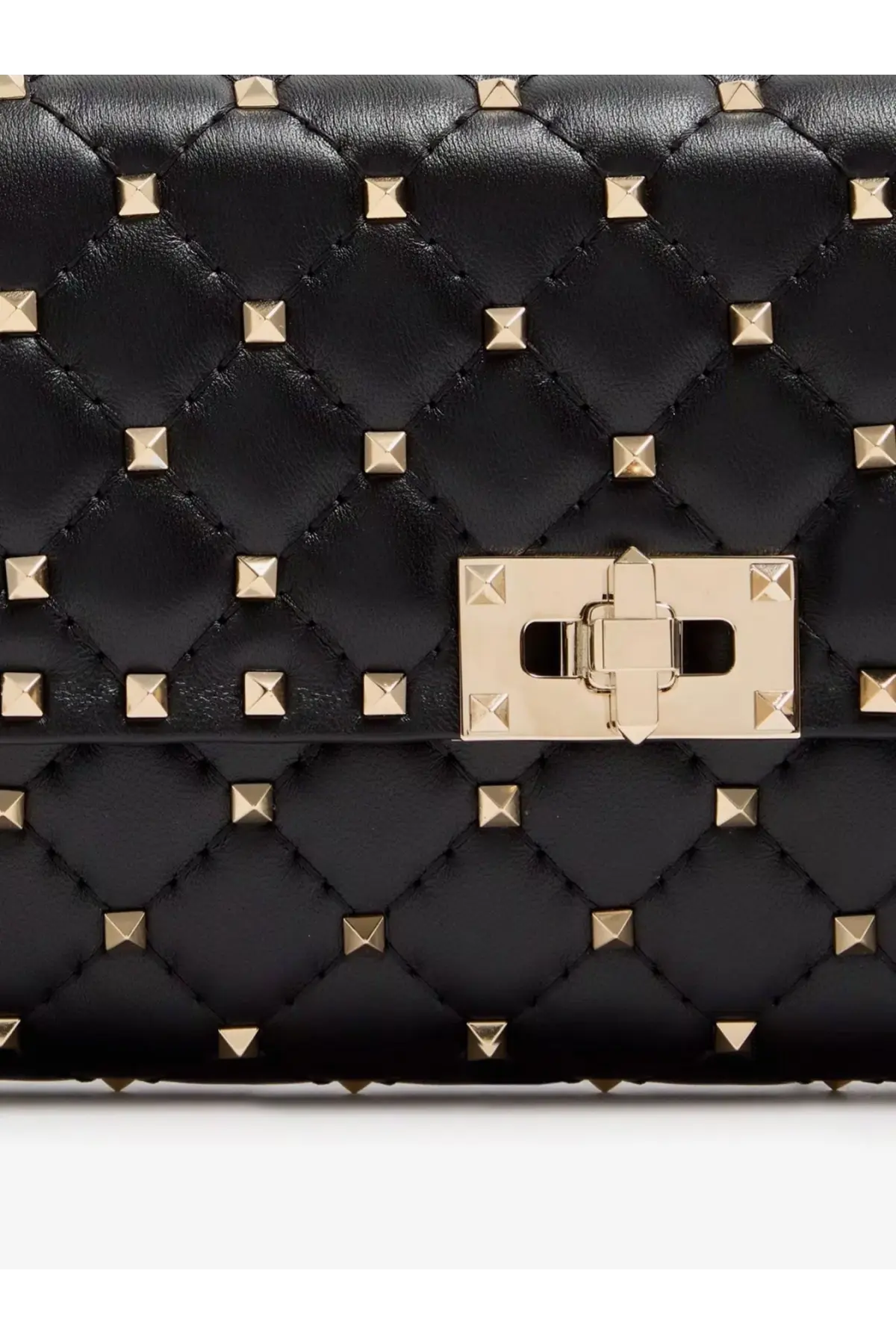 Valentino women’s black quilted leather crossbody bag with gold-tone pyramid studs and matching metallic clasp