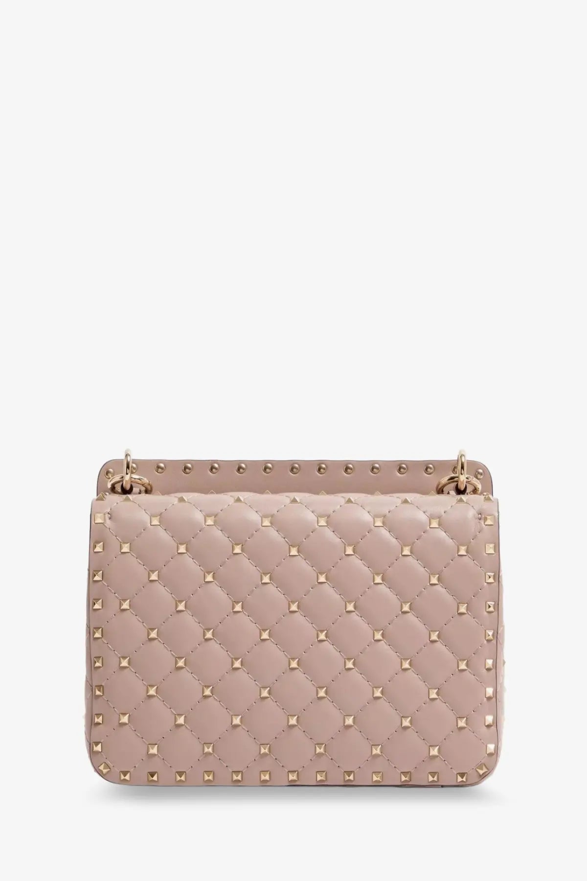 Valentino women’s blush pink quilted leather handbag with gold-tone rockstud spike accents and top handles