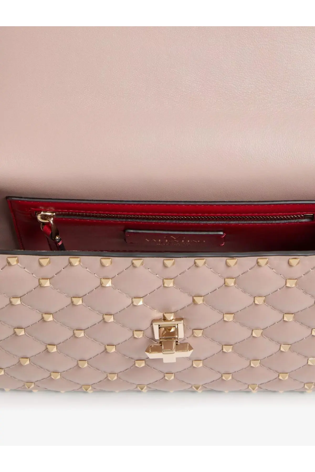 Valentino women’s rockstud spike leather crossbody bag pink with blush quilted texture gold studs and red interior lining