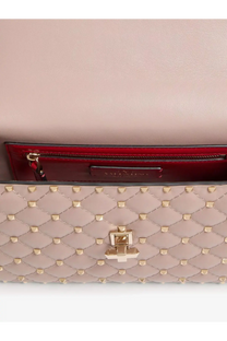 Valentino women’s rockstud spike leather crossbody bag pink with blush quilted texture gold studs and red interior lining