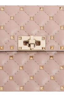 Valentino women’s pink quilted leather crossbody bag with gold-tone studs and metallic clasp