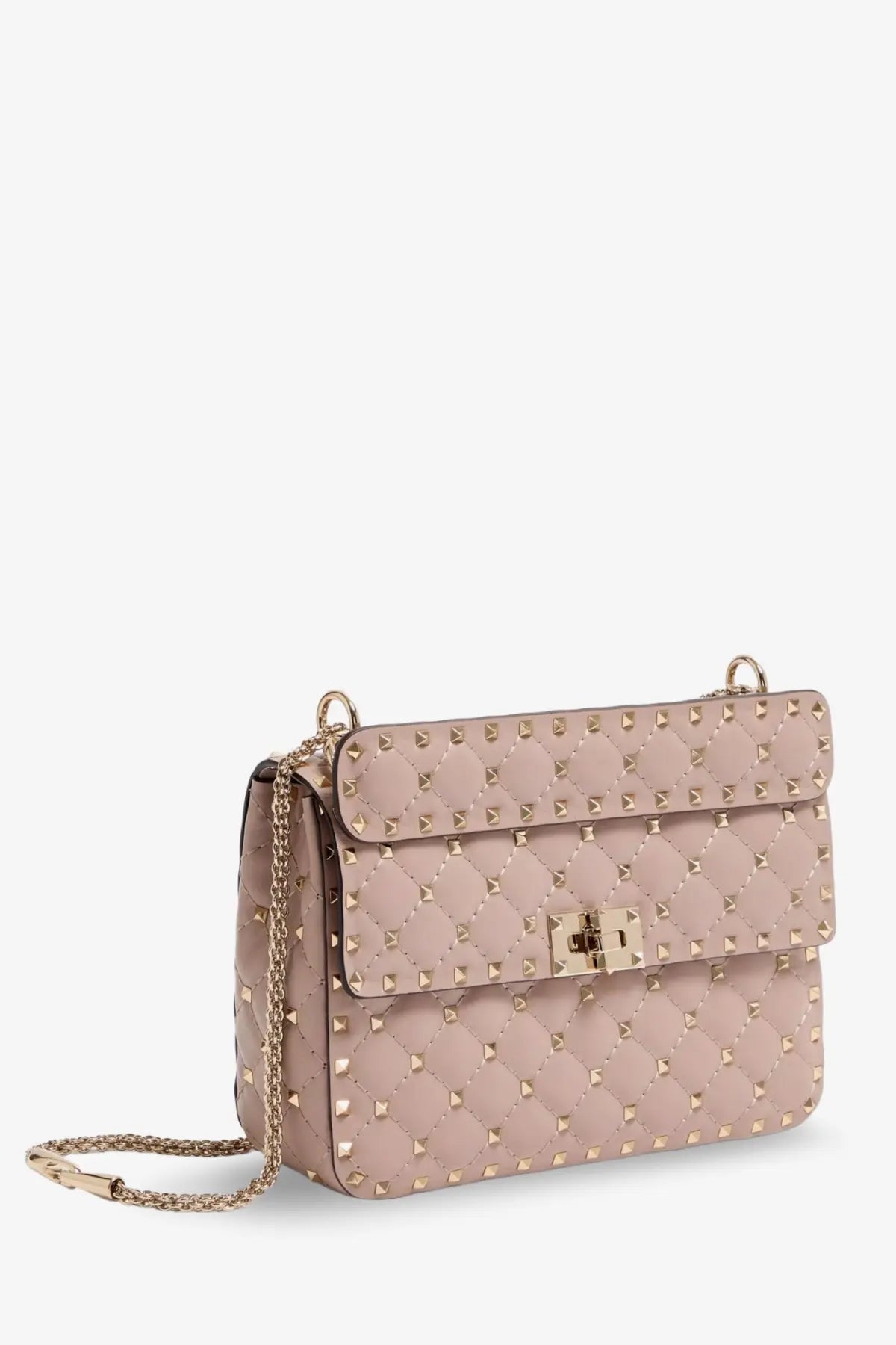 Taupe leather Valentino rockstud crossbody bag with gold-tone pyramid studs and chain strap for women