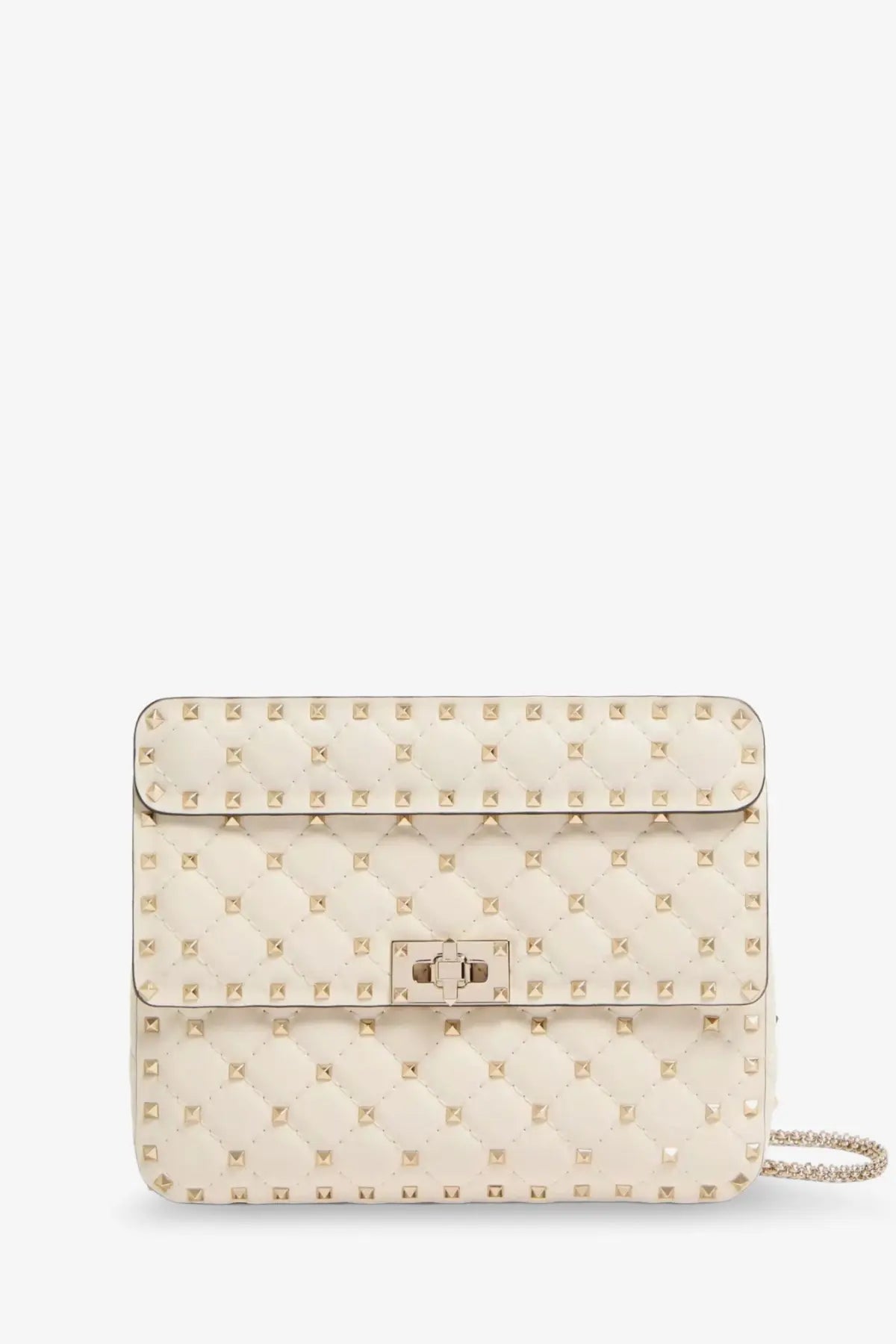 Valentino women’s cream-colored quilted leather crossbody bag with gold-tone pyramid studs and chain strap