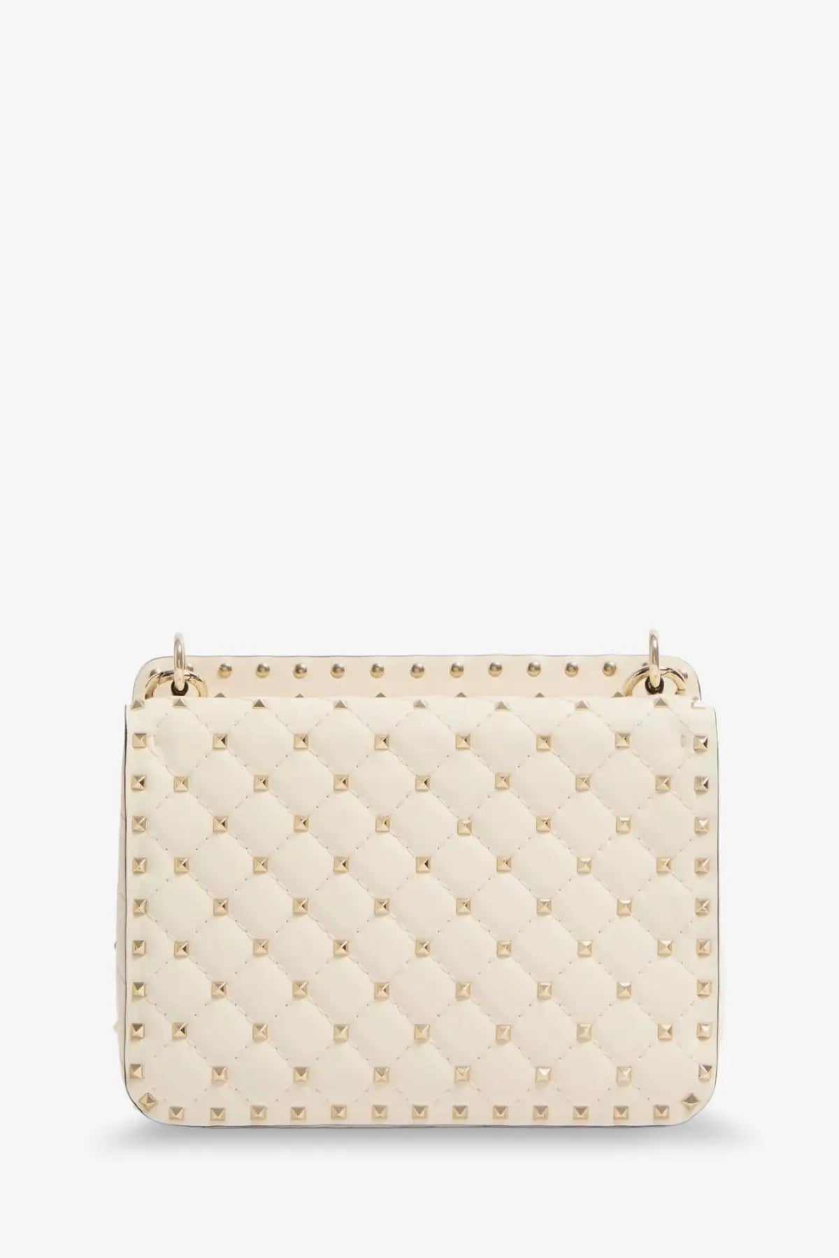 Valentino women’s cream-colored quilted leather handbag with gold-tone studs and top handle white crossbody bag