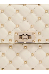 Valentino women’s rockstud spike cream-colored quilted leather crossbody bag with gold-tone pyramid studs and metallic clasp