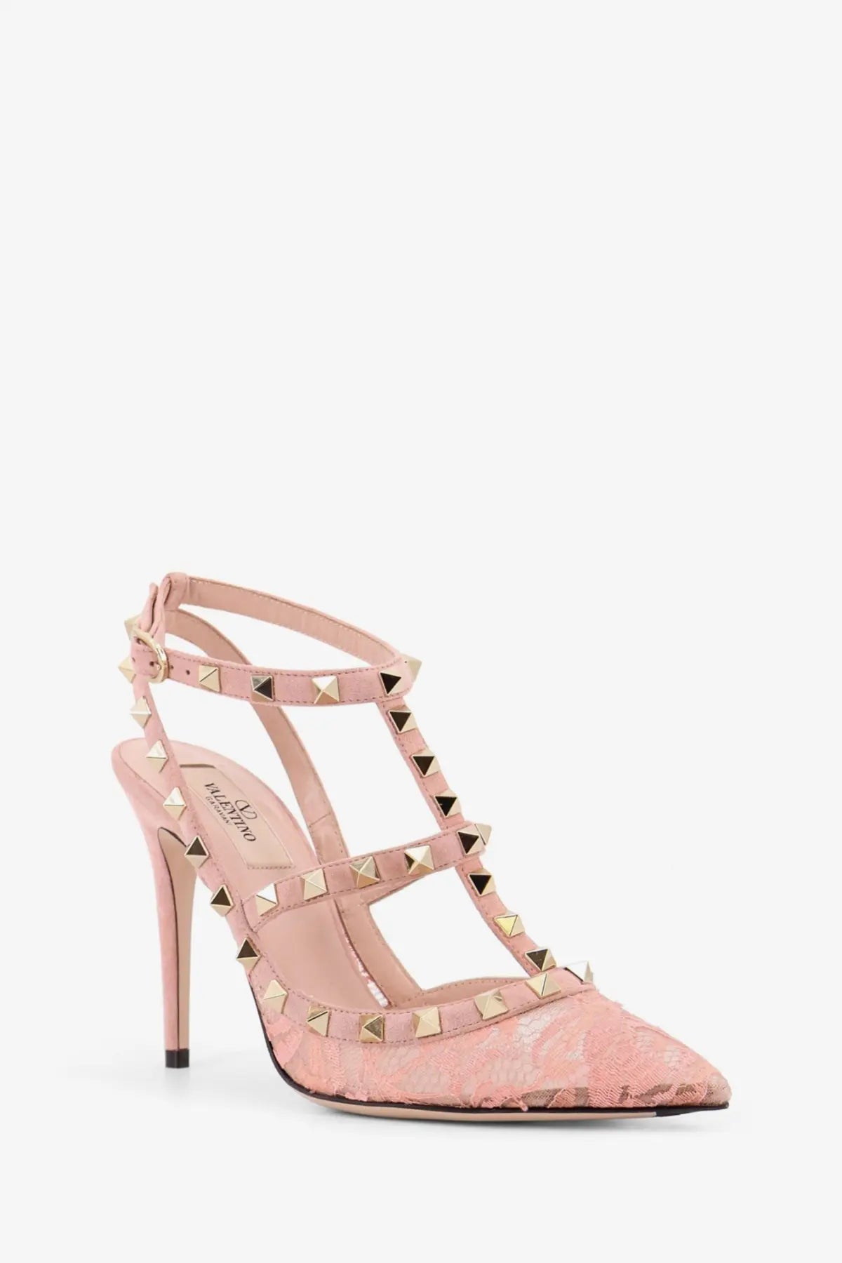 Valentino women’s rockstud suede and pink lace pumps with gold-tone pyramid studs in orange