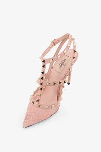 Pink lace valentino women’s rockstud suede and lace pump with gold-tone pyramid studs in orange