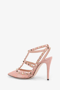 Valentino women’s rockstud orange suede pumps with gold-tone pyramid studs and lace detailing