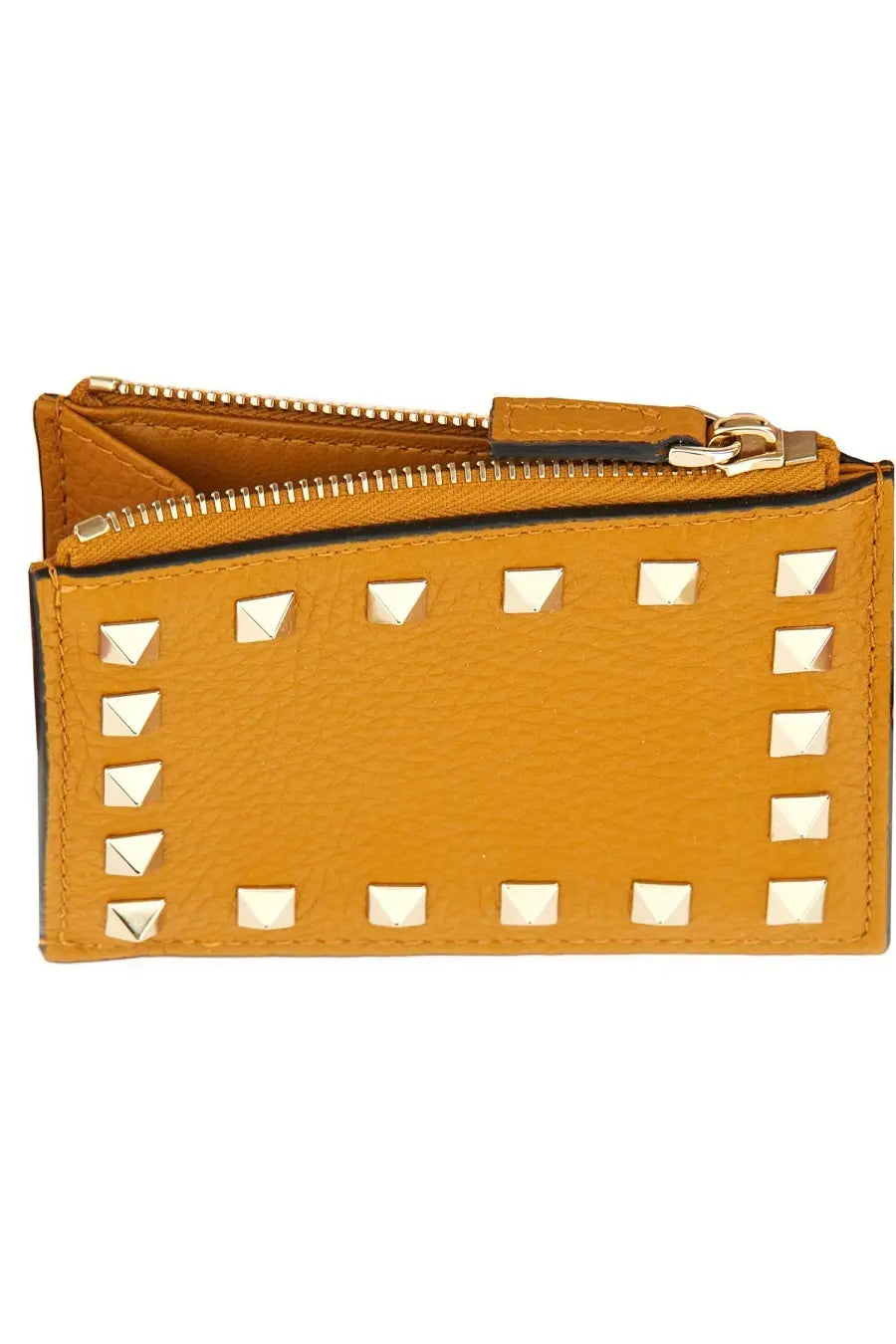 Valentino women’s rockstud wallet in mustard yellow leather with silver pyramid studs and gold-tone zipper pull