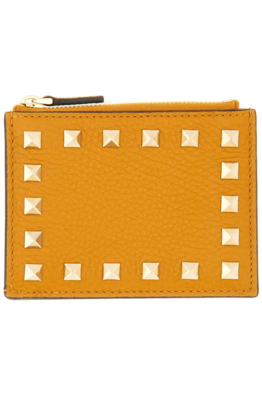 Valentino womens rockstud wallet orange mustard yellow leather card case with gold-tone square studs along edges