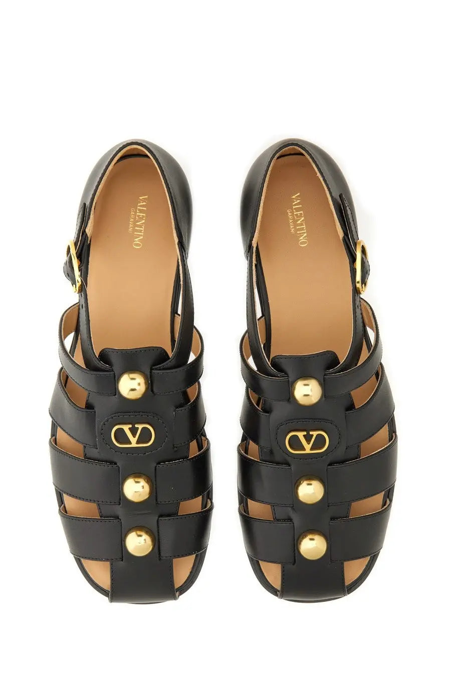 Black leather valentino women’s sandal fisherman with gold-tone hardware and vlogo signature accents