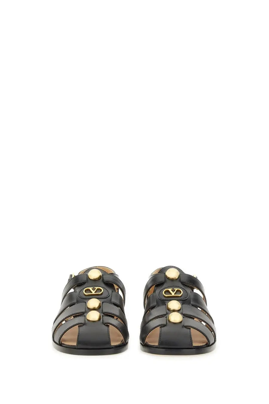 Black leather Valentino women’s sandal fisherman with gold-tone Vlogo hardware and circular stud detailing