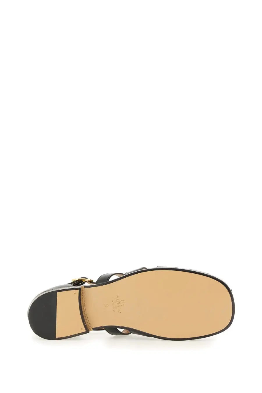 Valentino women’s black leather sandal fisherman vlogo signature with gold-tone buckle and flat beige insole