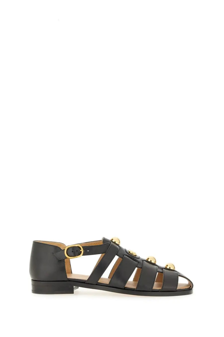 Valentino women’s black leather sandal with gold-tone circular studs and low block heel fisherman’s style