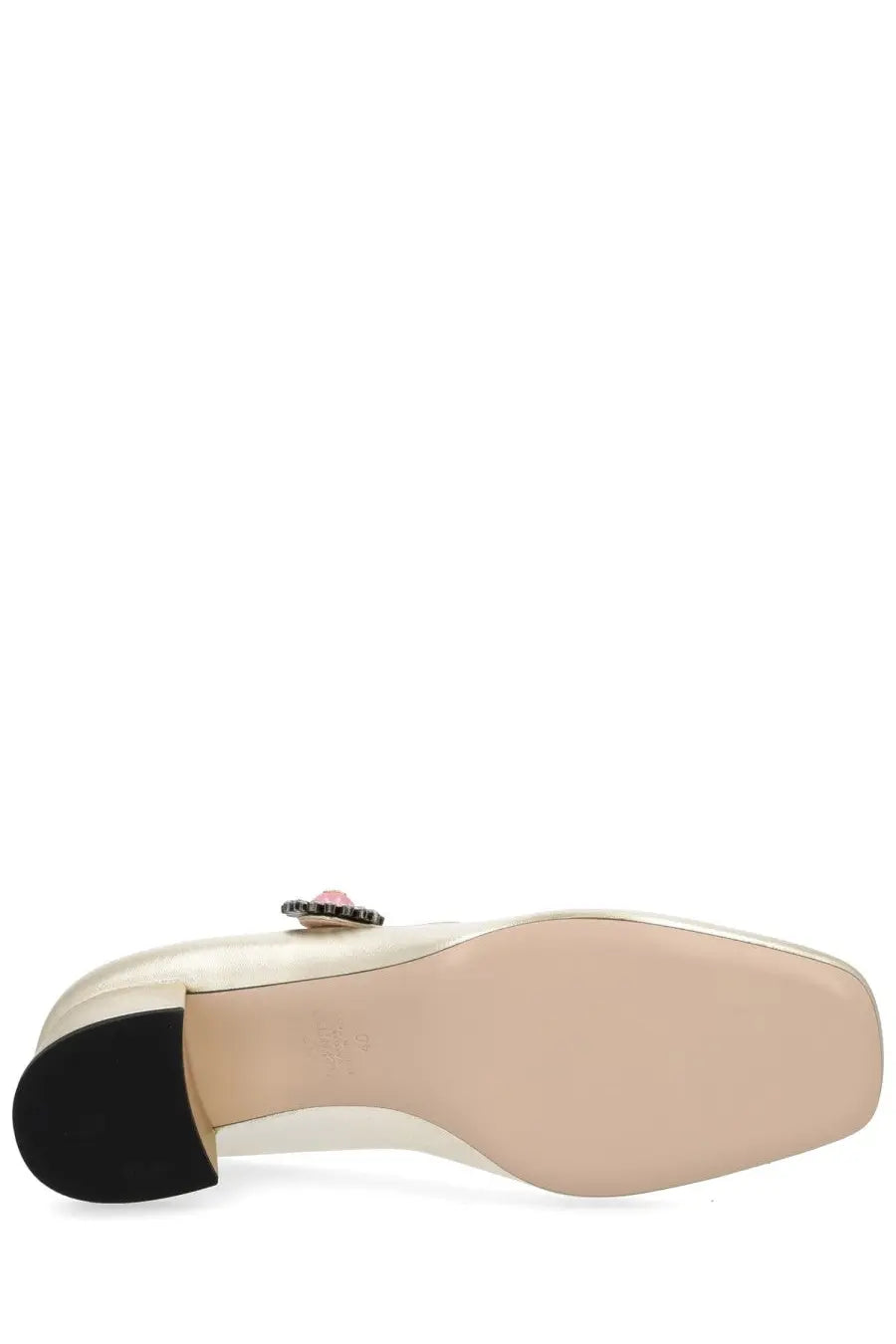 Valentino women’s cream satin mary jane sandal with square heel and pink gemstone accent on strap