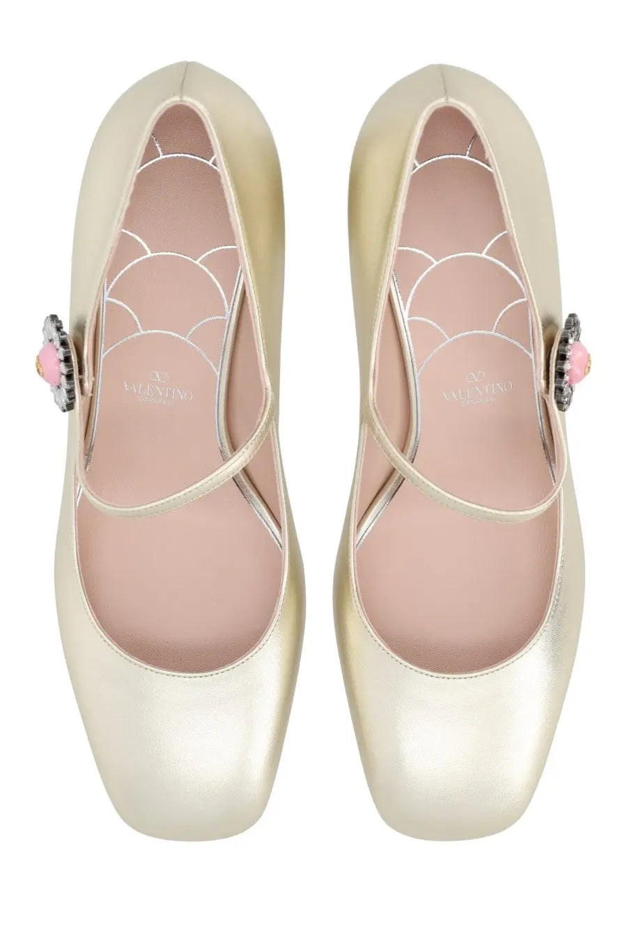 Valentino women’s gold satin mary jane flats with elegant pink gemstone accent on the strap
