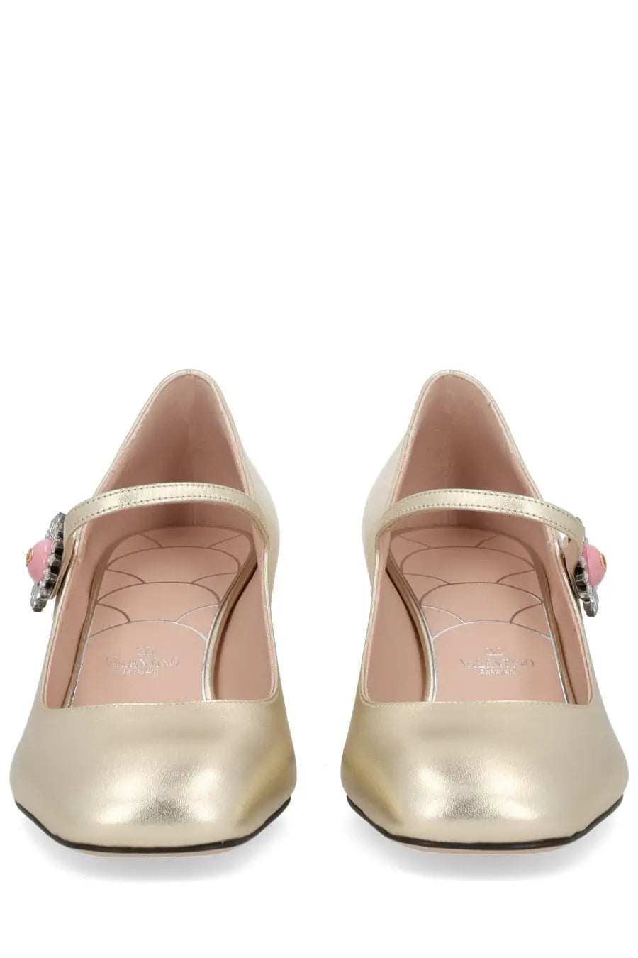 Valentino women’s gold metallic mary jane flats with pink gemstone accents on the strap