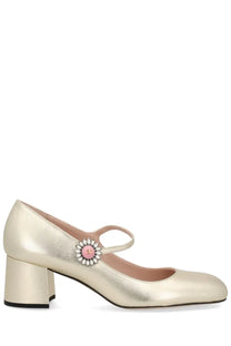 Valentino women’s metallic gold mary jane pump with pink and silver floral embellishment on the strap