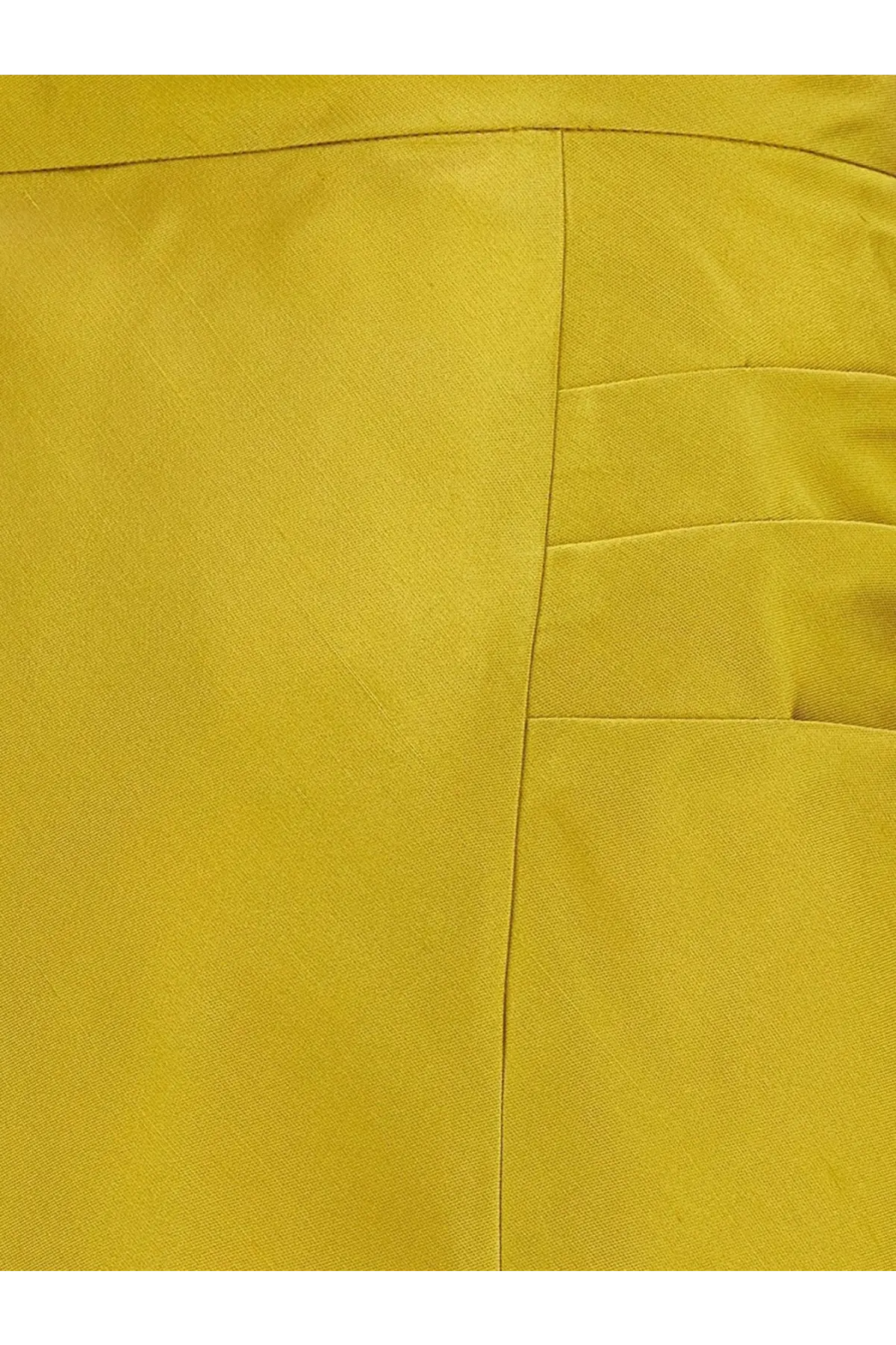 Valentino women’s shantung midi skirt in bright yellow fabric with woven texture and vertical pleats on the right side