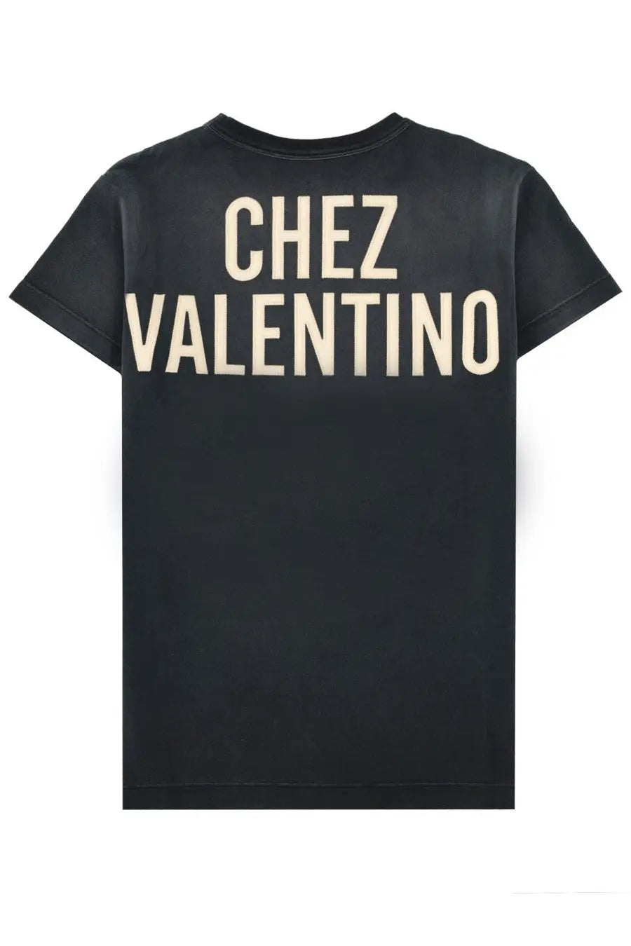 Valentino women’s black cotton t-shirt with bold cream-colored chez valentino lettering on the back