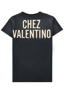 Valentino women’s black cotton t-shirt with bold cream-colored chez valentino lettering on the back