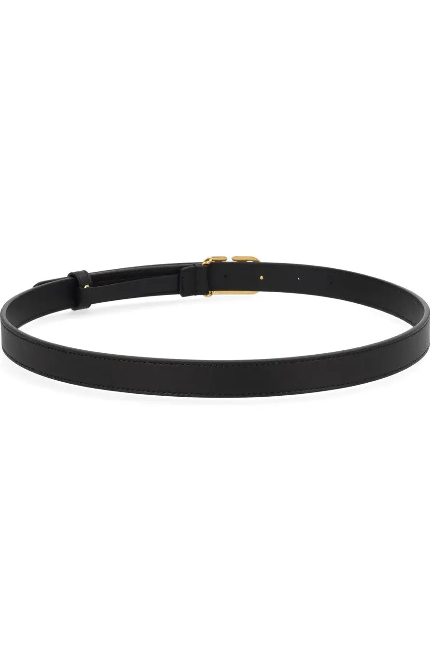 Black leather Valentino women’s signature belt with gold-tone buckle perfect for stylish waist accessory